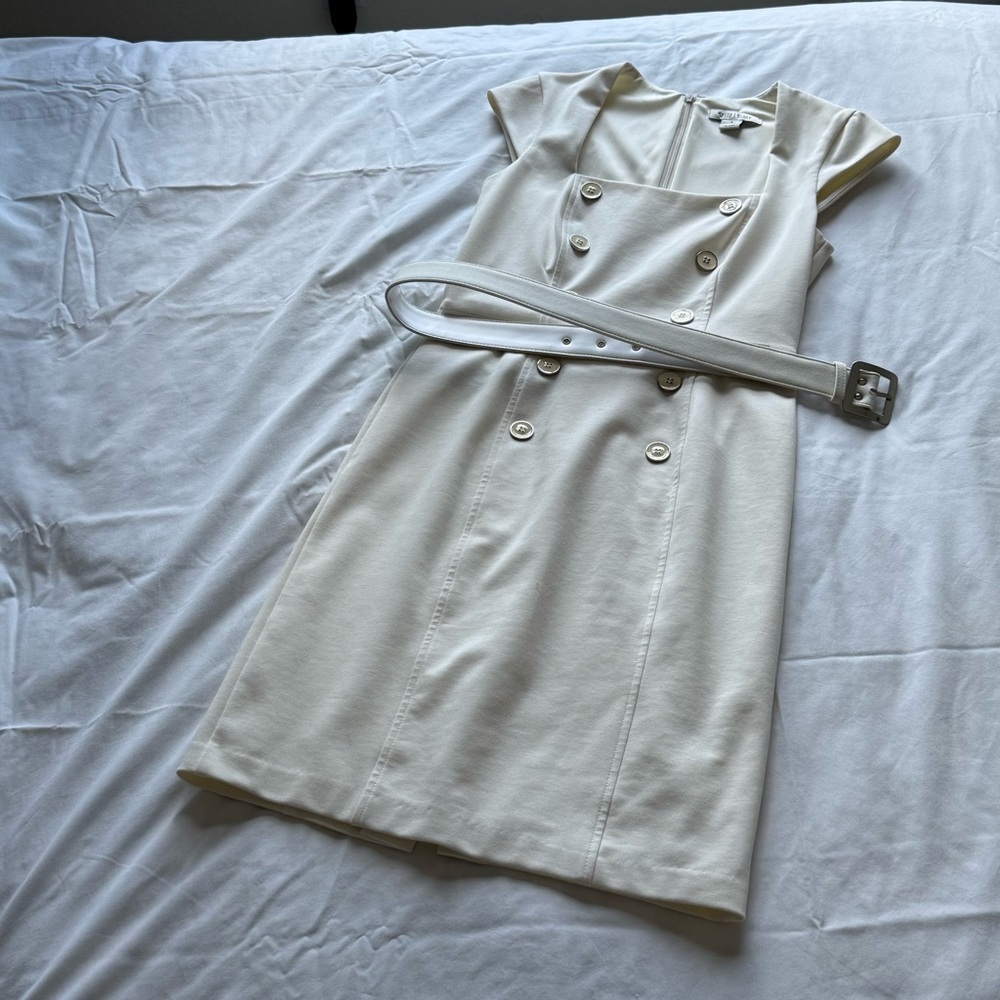 White House | Black Market Elegant Cream Dress with Belt and buttons